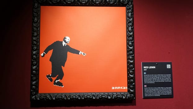 Stockholm, Sweden, December 29 2023. Art exhibition. The mystery of Banksy A genius mind. Skating.