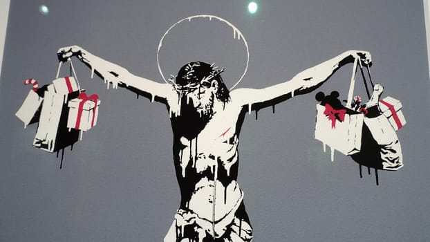 Stockholm, Sweden, December 29 2023. Art exhibition. The mystery of Banksy A genius mind. Religion.