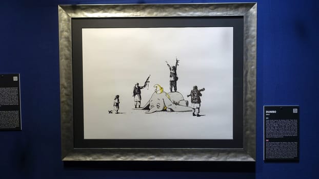 Stockholm, Sweden, December 29 2023. Art exhibition. The mystery of Banksy A genius mind. Cartoon.