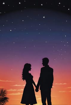 Silhouette of a loving couple on the background of the sunset. Love and Valentine day concept. Vector illustration.Silhouette of a loving couple at sunset.