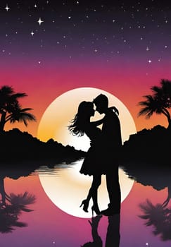 Silhouette of a loving couple on the background of the sunset. Love and Valentine day concept. Vector illustration.Silhouette of a loving couple at sunset.