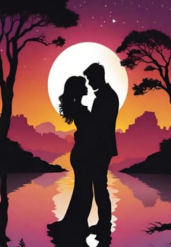 Silhouette of a loving couple on the background of the sunset. Love and Valentine day concept. Vector illustration.Silhouette of a loving couple at sunset.