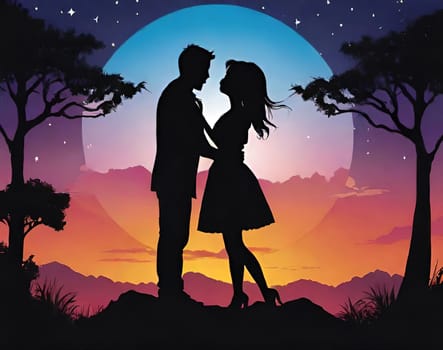 Silhouette of a loving couple on the background of the sunset. Love and Valentine day concept. Vector illustration.Silhouette of a loving couple at sunset.