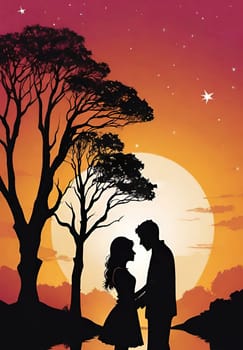 Silhouette of a loving couple on the background of the sunset. Love and Valentine day concept. Vector illustration.Silhouette of a loving couple at sunset.