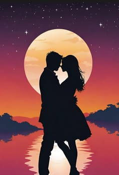 Silhouette of a loving couple on the background of the sunset. Love and Valentine day concept. Vector illustration.Silhouette of a loving couple at sunset.