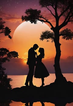 Silhouette of a loving couple on the background of the sunset. Love and Valentine day concept. Vector illustration.Silhouette of a loving couple at sunset.