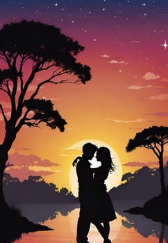 Silhouette of a loving couple on the background of the sunset. Love and Valentine day concept. Vector illustration.Silhouette of a loving couple at sunset.