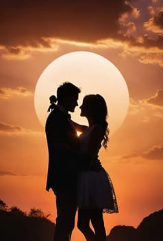 Silhouette of a loving couple on the background of the sunset. Love and Valentine day concept. Vector illustration.Silhouette of a loving couple at sunset.