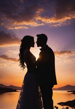 Silhouette of a loving couple on the background of the sunset. Love and Valentine day concept. Vector illustration.Silhouette of a loving couple at sunset.