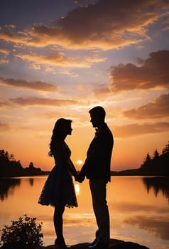 Silhouette of a loving couple on the background of the sunset. Love and Valentine day concept. Vector illustration.Silhouette of a loving couple at sunset.