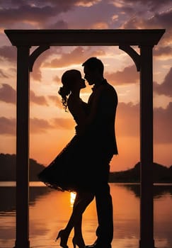 Silhouette of a loving couple on the background of the sunset. Love and Valentine day concept. Vector illustration.Silhouette of a loving couple at sunset.