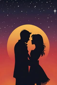 Silhouette of a loving couple on the background of the sunset. Love and Valentine day concept. Vector illustration.Silhouette of a loving couple at sunset.