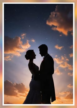 Silhouette of a loving couple on the background of the sunset. Love and Valentine day concept. Vector illustration.Silhouette of a loving couple at sunset.