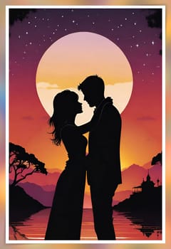 Silhouette of a loving couple on the background of the sunset. Love and Valentine day concept. Vector illustration.Silhouette of a loving couple at sunset.