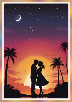 Silhouette of a loving couple on the background of the sunset. Love and Valentine day concept. Vector illustration.Silhouette of a loving couple at sunset.