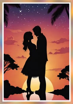 Silhouette of a loving couple on the background of the sunset. Love and Valentine day concept. Vector illustration.Silhouette of a loving couple at sunset.