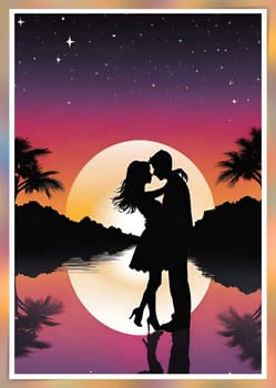 Silhouette of a loving couple on the background of the sunset. Love and Valentine day concept. Vector illustration.Silhouette of a loving couple at sunset.