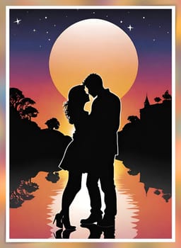 Silhouette of a loving couple on the background of the sunset. Love and Valentine day concept. Vector illustration.Silhouette of a loving couple at sunset.