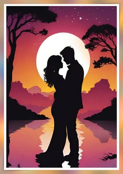 Silhouette of a loving couple on the background of the sunset. Love and Valentine day concept. Vector illustration.Silhouette of a loving couple at sunset.