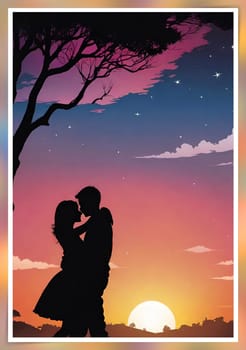 Silhouette of a loving couple on the background of the sunset. Love and Valentine day concept. Vector illustration.Silhouette of a loving couple at sunset.