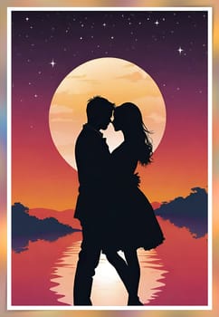 Silhouette of a loving couple on the background of the sunset. Love and Valentine day concept. Vector illustration.Silhouette of a loving couple at sunset.