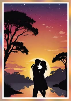 Silhouette of a loving couple on the background of the sunset. Love and Valentine day concept. Vector illustration.Silhouette of a loving couple at sunset.