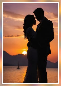 Silhouette of a loving couple on the background of the sunset. Love and Valentine day concept. Vector illustration.Silhouette of a loving couple at sunset.