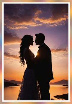 Silhouette of a loving couple on the background of the sunset. Love and Valentine day concept. Vector illustration.Silhouette of a loving couple at sunset.