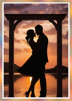 Silhouette of a loving couple on the background of the sunset. Love and Valentine day concept. Vector illustration.Silhouette of a loving couple at sunset.