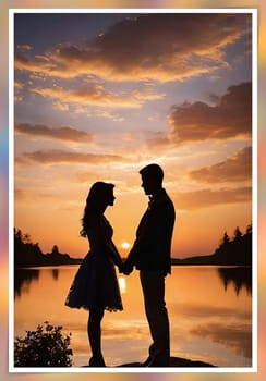 Silhouette of a loving couple on the background of the sunset. Love and Valentine day concept. Vector illustration.Silhouette of a loving couple at sunset.