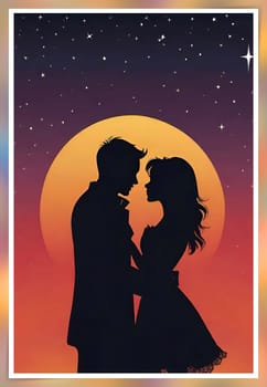 Silhouette of a loving couple on the background of the sunset. Love and Valentine day concept. Vector illustration.Silhouette of a loving couple at sunset.