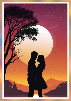 Silhouette of a loving couple on the background of the sunset. Love and Valentine day concept. Vector illustration.Silhouette of a loving couple at sunset.