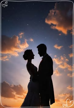 Silhouette of a loving couple on the background of the sunset. Love and Valentine day concept. Vector illustration.Silhouette of a loving couple at sunset.