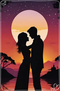 Silhouette of a loving couple on the background of the sunset. Love and Valentine day concept. Vector illustration.Silhouette of a loving couple at sunset.