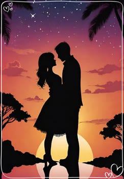 Silhouette of a loving couple on the background of the sunset. Love and Valentine day concept. Vector illustration.Silhouette of a loving couple at sunset.