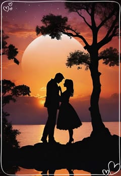 Silhouette of a loving couple on the background of the sunset. Love and Valentine day concept. Vector illustration.Silhouette of a loving couple at sunset.