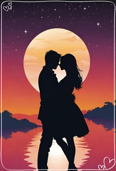 Silhouette of a loving couple on the background of the sunset. Love and Valentine day concept. Vector illustration.Silhouette of a loving couple at sunset.