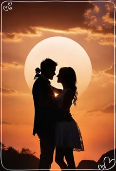 Silhouette of a loving couple on the background of the sunset. Love and Valentine day concept. Vector illustration.Silhouette of a loving couple at sunset.