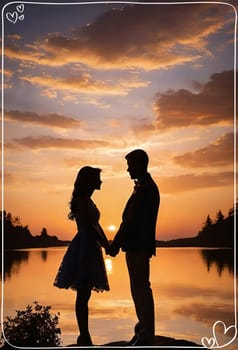 Silhouette of a loving couple on the background of the sunset. Love and Valentine day concept. Vector illustration.Silhouette of a loving couple at sunset.