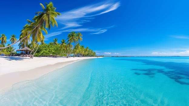 the shore of a tropical island, white sand and palm trees. High quality photo