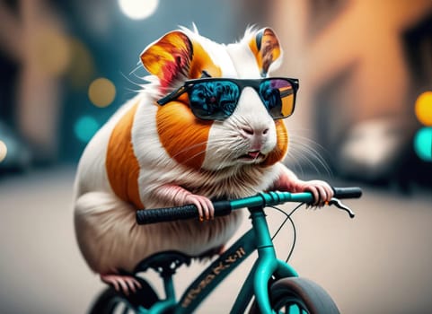 Portrait of a cute white and orange guinea rat mouse rodent in sunglasses on a bicycle. AI Generated.