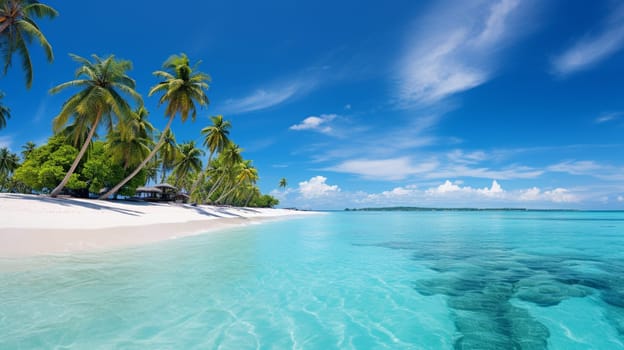 Maldives, the white sand beach with trees near the turquoise ocean. Several people having a rest on a deserted beach. Summer vacation on a tropical island. Luxury travel. Tranquility and relaxation. High quality photo