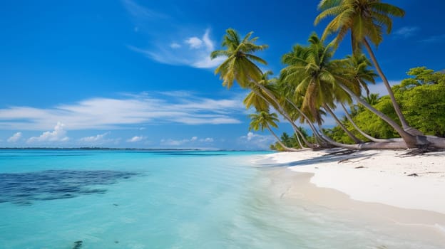 the shore of a tropical island, white sand and palm trees. High quality photo