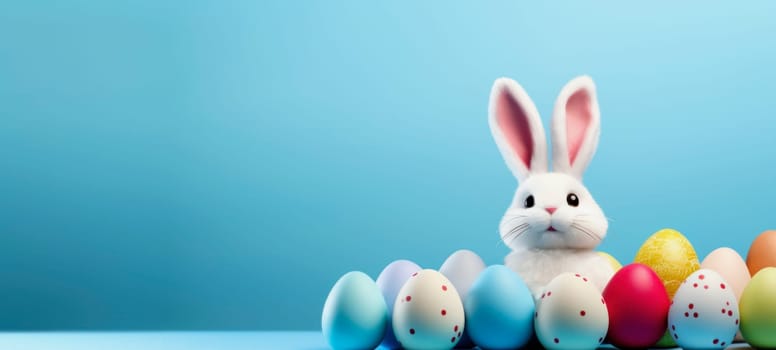Easter banner with colorful painted eggs and a little bunny rabbit on a blue background with copy space. Happy Easter greeting card.