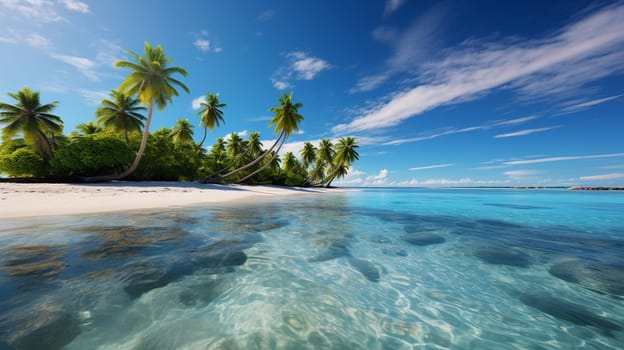 the shore of a tropical island, white sand and palm trees. High quality photo