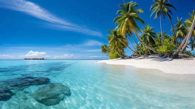 the shore of a tropical island, white sand and palm trees. High quality photo