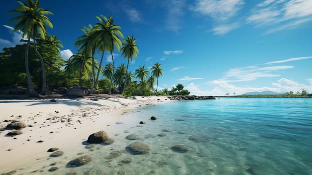 Maldives, the white sand beach with trees near the turquoise ocean. Several people having a rest on a deserted beach. Summer vacation on a tropical island. Luxury travel. Tranquility and relaxation. High quality photo