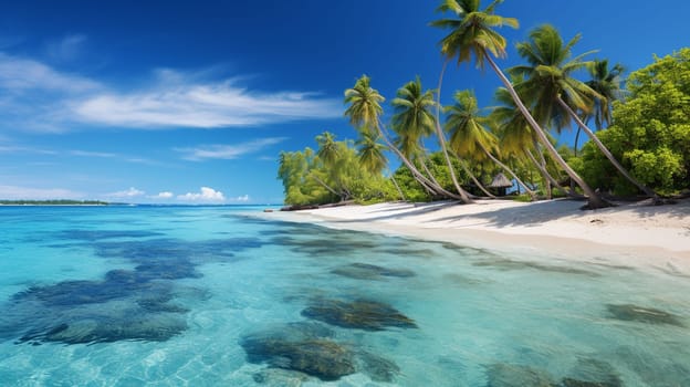 Maldives, the white sand beach with trees near the turquoise ocean. Several people having a rest on a deserted beach. Summer vacation on a tropical island. Luxury travel. Tranquility and relaxation. High quality photo