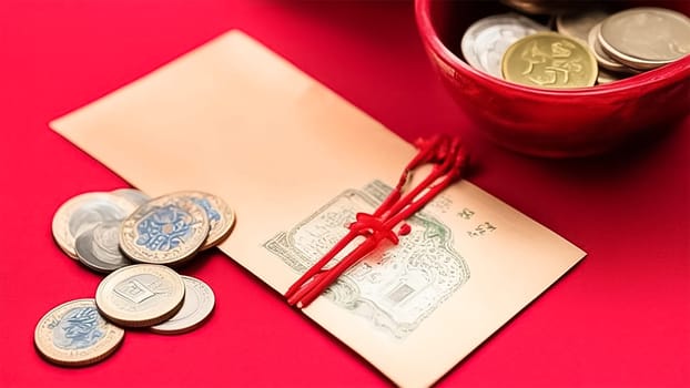 Background on the theme of the Chinese New Year . Traditional coins on a red background and in a plate, an envelope tied with red thread. Symbols of wealth and happiness.