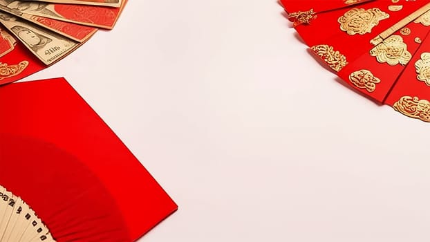 Top view of paper fans, traditional coins, red Hongbao Chinese envelope, on a white background, creating space for your text or promotion, flat lay